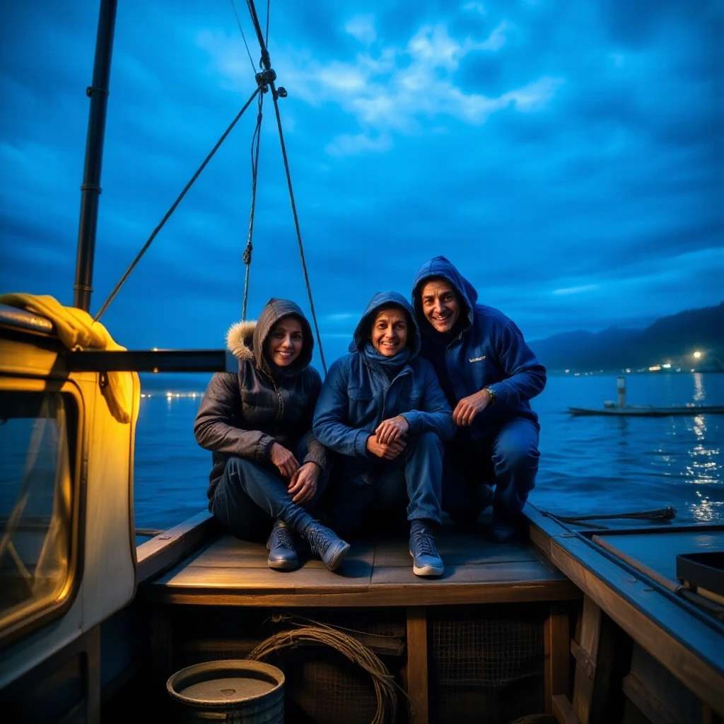 happy moments on a fishing boat.

 quirky whimsical, , cinematic 18k film, art photo, dawn, realistic professional, snapshot, 
 diffuse light and shadows, reflections, art 
blue cold backlight. 