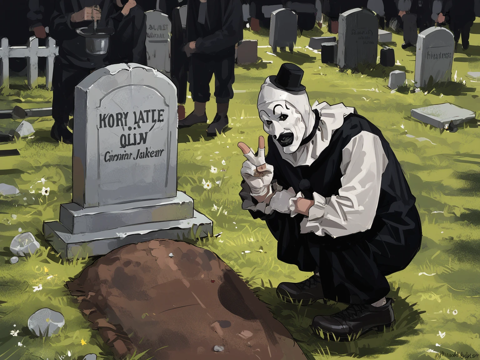 <lora:ArtTheClownN:0.8>, art_costume, art_the_clown, <lora:art_the_clown:0.35>, black eyes, male focus,
Oll13gr4v3, grass, squatting, tombstone, <lora:Oliver_Queens_Grave_Meme:0.6>
solo,
, 5_fingers, <lora:MandradjievRassstrovV2:0.8>, zPDXL3