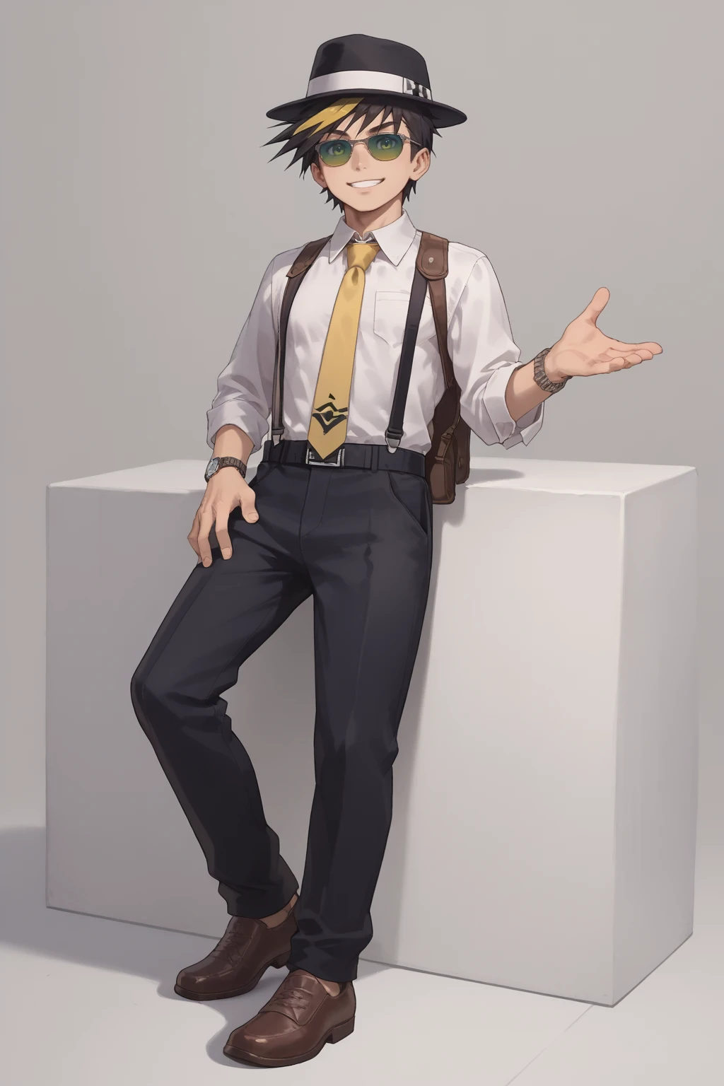 score_9, score_8_up, score_7_up, score_6_up, score_5_up,score_4_up , 
kouki, black hair, green eyes, 1boy, male focus, solo, smile, fedora, streaked hair, brown footwear, white shirt, yellow necktie, sunglasses, shoes, suspenders, black pants