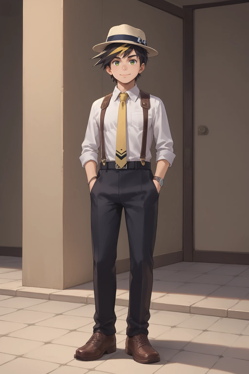 score_9, score_8_up, score_7_up, score_6_up, score_5_up,score_4_up , 
kouki, black hair, green eyes, 1boy, male focus, solo, smile, fedora, streaked hair, brown footwear, white shirt, yellow necktie, standing, shoes, suspenders, black pants