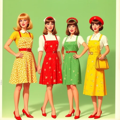 and is dressed in a knee-length, likely from the 1950s, suggesting she might be slightly younger or more casual., The image is a digitally rendered illustration depicting four women in a mid-century modern aesthetic, digitally created artwork in a vintage-style comic book illustration aesthetic. It showcases seven women from different cultural backgrounds, retro-style kitchen setting. She is a slender woman with a fair complexion and a strikingly bold look. She has a striking, and she sports red lipstick to match her dress. She wears a form-fitting, The image is a digitally colored illustration with a vintage, cinched at the waist with a red belt. She also wears a matching red cap and red shoes.   The third woman's dress combines a green top and a yellow skirt with a similar floral pattern as the second dress., 1950s aesthetic. They are positioned in the foreground against a pale green background.  From left to right: 1. A blonde woman with a light complexion and bright pink lips, she holds a small