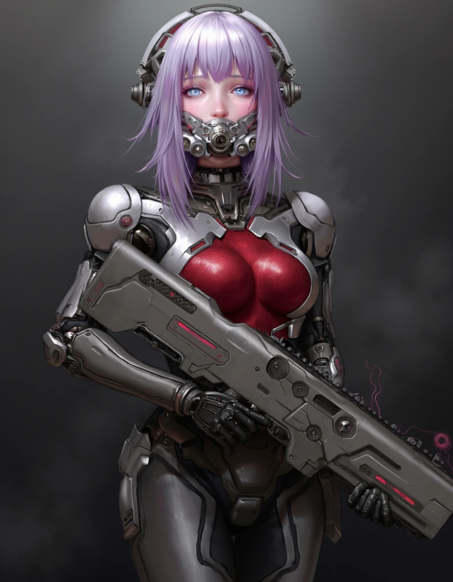 ruaj, woman wearing futuristic mechanical one piece suit with helmet, pink purple hair, bangs, glowing grey eyes, inner layer is red where her breasts are, mechanical parts, legs together, standing holding a laser rifle, smoke, dark background, 