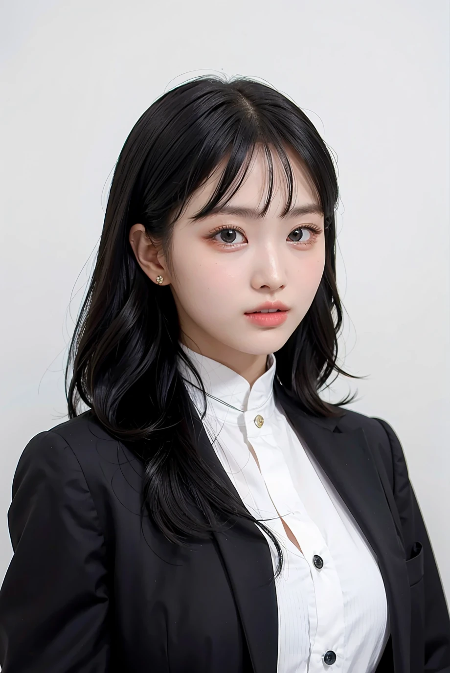 1girl, black  random formal attire, white background,  <lora:Twice_momo-02:1>