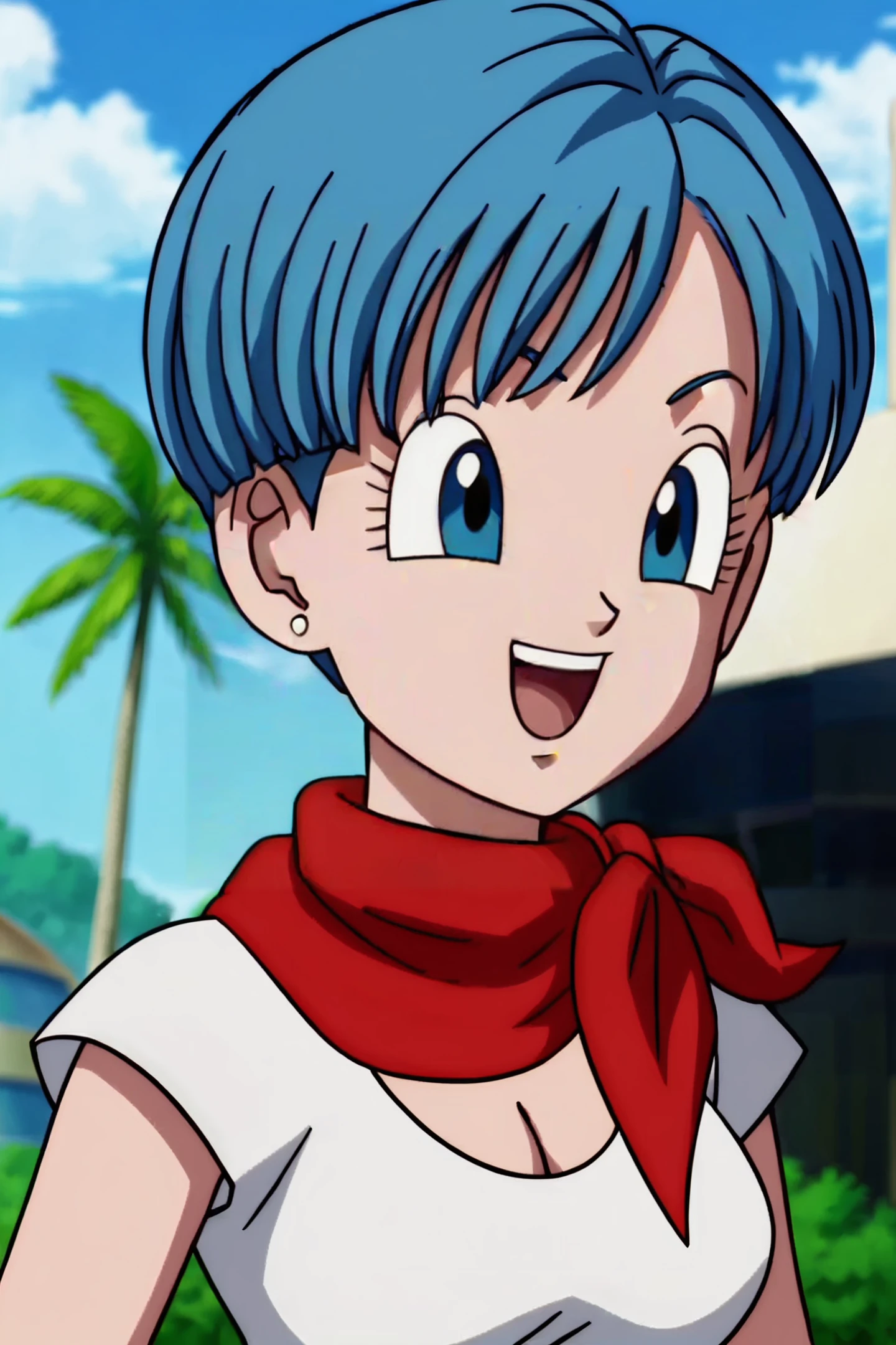 source_anime, score_9, score_8_up, score_7_up, anime screencap,8k, absurd res,
bulma, 1girl, solo, breasts, smile, short hair, ((bowl cut)), open mouth, blue eyes, cleavage, jewelry, medium breasts, blue hair, white shirt, upper body, :d, earrings, outdoors, sky, day, cloud, blurry, tree, blue sky, red neckerchief, palm tree, official style, anime coloring, portrait,
 <lora:bulmaDBS_pony_v3:0.8>