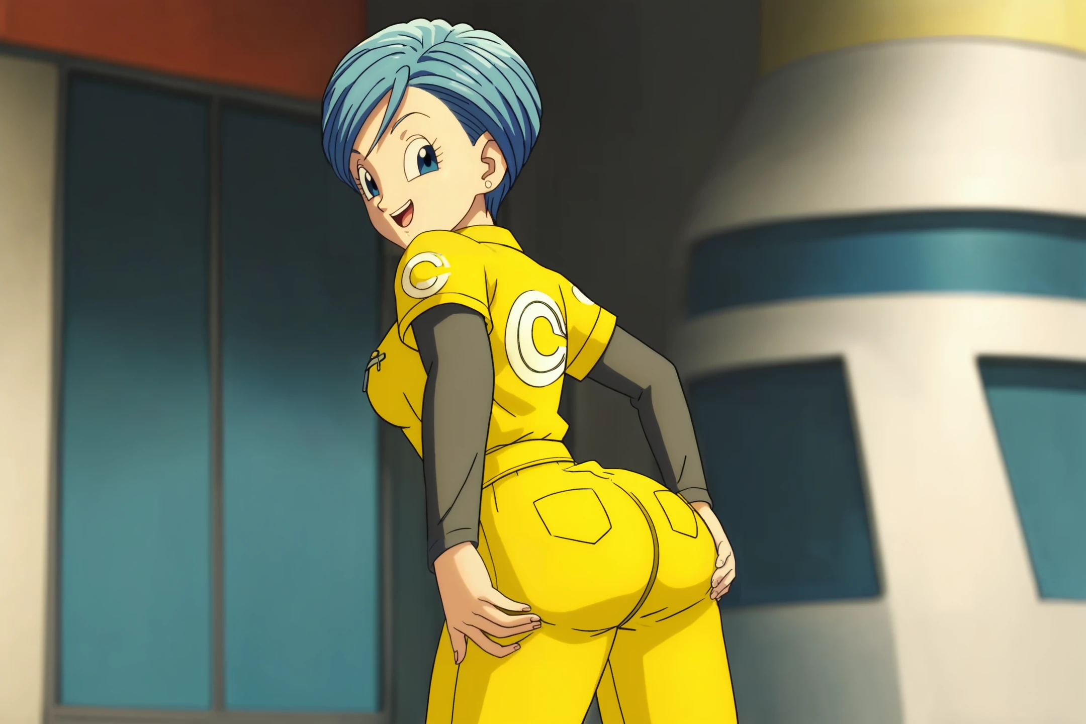 source_anime, score_9, score_8_up, score_7_up, anime screencap,8k, absurd res,
bulma, 1girl, solo, breasts, smile, short hair, open mouth, blue eyes, jewelry, blue hair, earrings, cowboy shot, belt, hand on own ass, looking at ass, yellow jumpsuit, black undershirt, short over long sleeves, layered sleeves
 <lora:bulmaDBS_pony_v3:0.8>