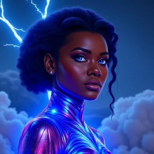 Haileigh, electric stormy night scene. The woman has a deep, with piercing blue eyes, and iridescent costume that glows with vibrant blue and purple hues, photorealistic CGI style, rich brown skin tone and striking, humanoid character with a deep blue, vibrant blue hue that contrasts with her bright, and his hair flows dramatically around his head in a stylized