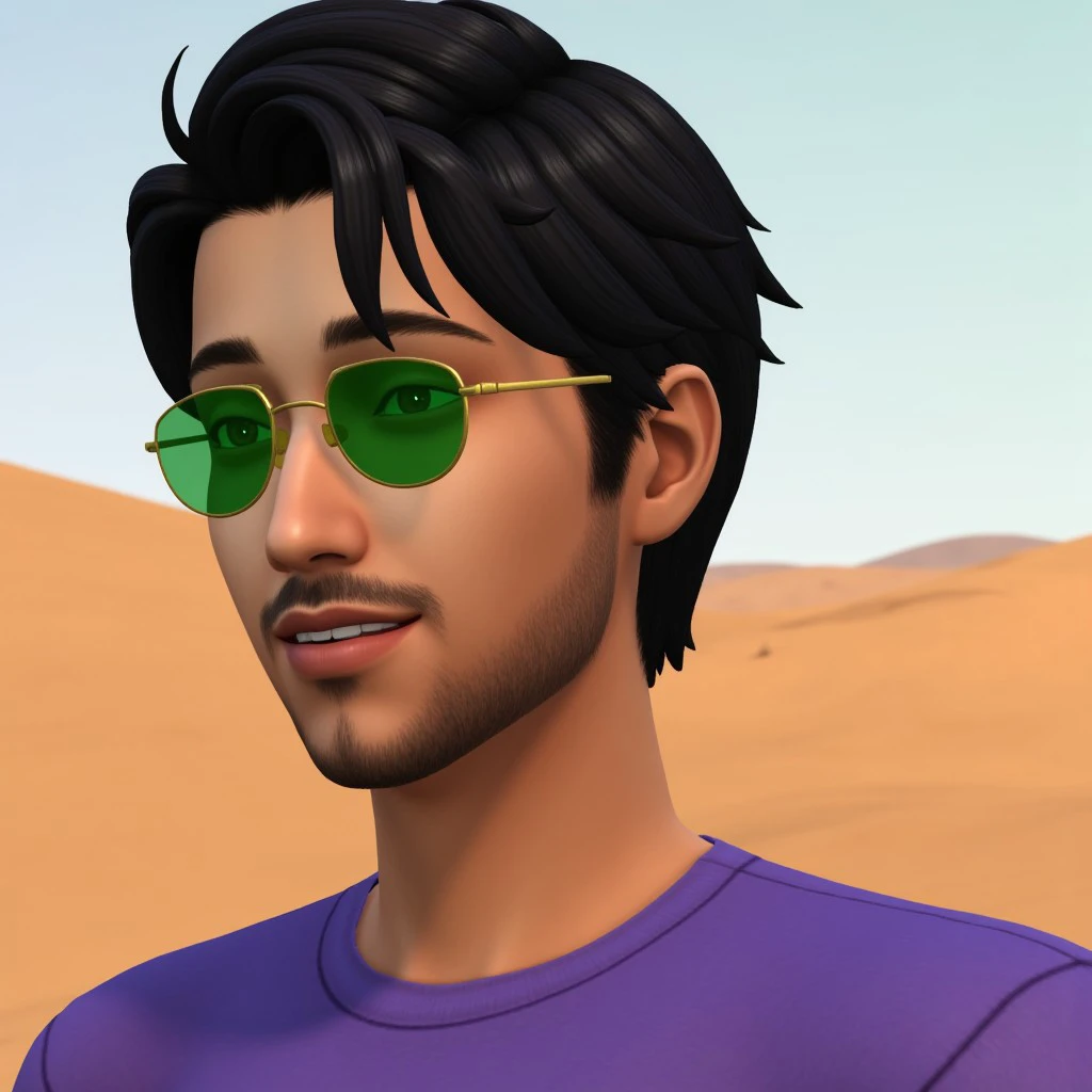 ts4style,Portrait,looking at viiewer,smile,outdoors,desert,1boy, black hair, ((medium hair)), brown eyes, green sunglasses, ((tanned skin)), beard stubble, purple t-shirt