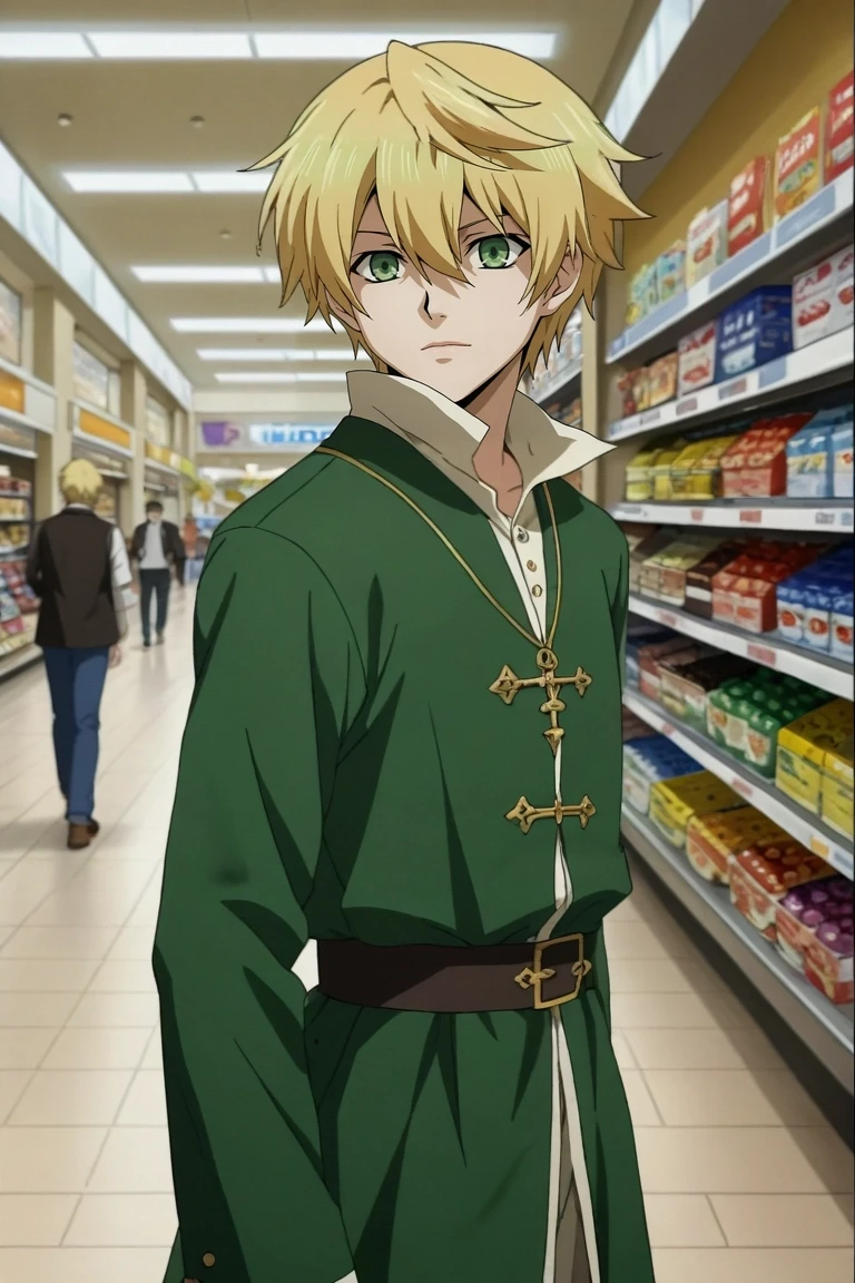 score_9, score_8_up, score_7_up, source_anime, rating_safe, , anime screencap, anime coloring, , , depth of field, 1boy, solo, male focus, <lora:oz_vessalius_pony:0.82>, oz_vessalius, blonde hair, green eyes, short hair, hair between eyes, from side, shopping mall, stores, signs, day, sunny, hand on hip, speaking, talking, medieval costume, <lora:sdxl_lightning_8step_lora:1>