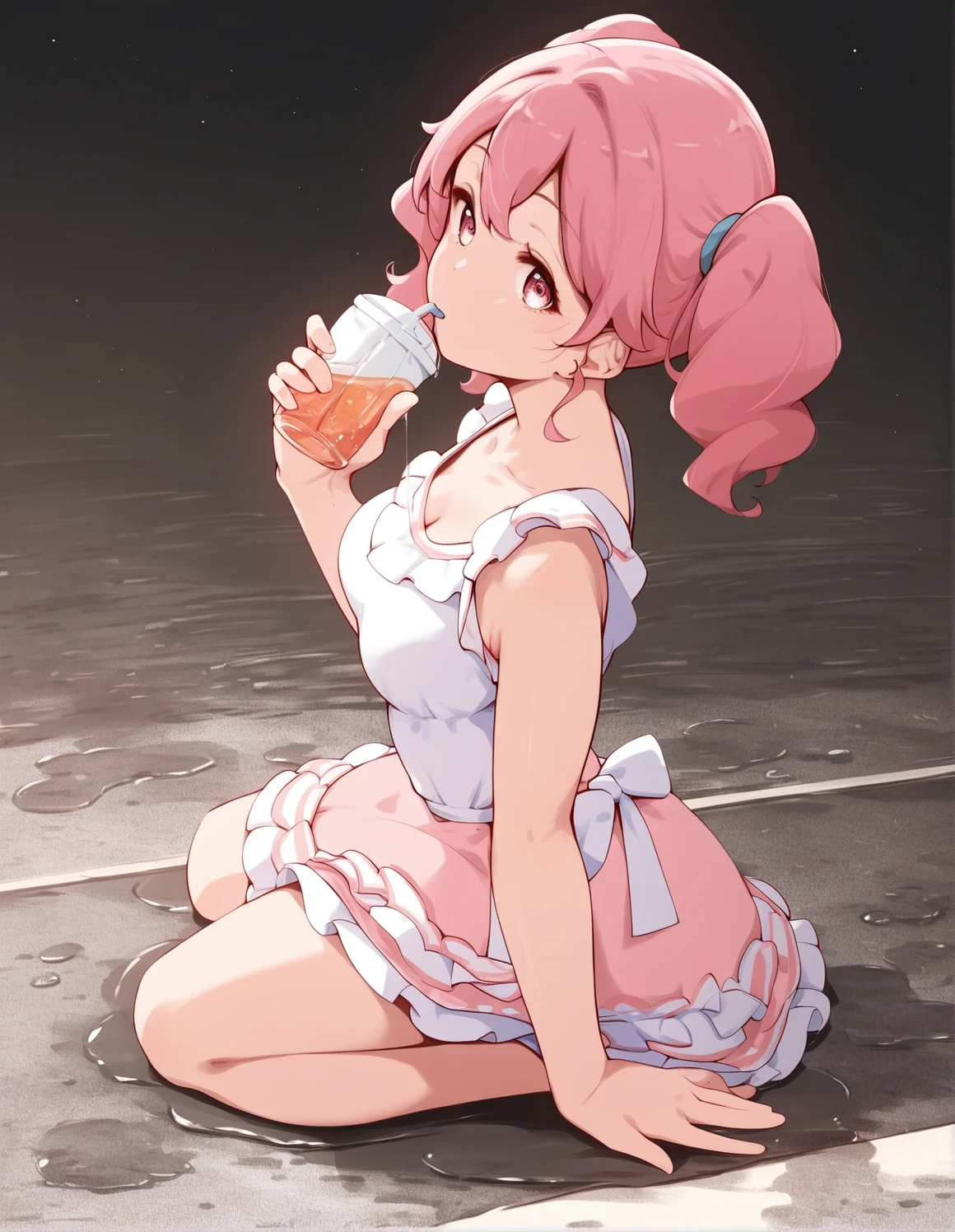 score_9, score_8_up, score_7_up,score_6_up,score_5_up, rating_safe, 1girl, medium breasts, frilled dress, pink hair, twintails, puddle hair, pink eyes, drinking juice, from side, kneeling, 
 <lora:yonekura_hisaki_pony6_v1-000035:.9>