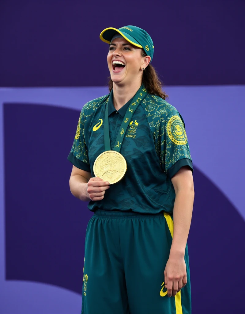 A woman wearing green baseball cap and a green tracksuit. She won and wears a huge gold medal at the paris 2024 olympics. She stands on the podium with her medal around her neck. Victorious  <lora:Raygun:0.9>