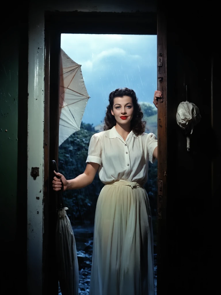 color movie still, breathtaking A classy and gorgeous gailrussflux is entering a doorway wearing wet clothes as it is raining heavily outside, her hair is wet and she holds an umbrella in her hand. She looks at the viewer with a sly smile. She wears a 1940s style white top, Masterpiece, best quality, in the background we see a country side English town, it is dark and stormy  and raining, sharp focus, highly detailed, 4k uhd, cinematic lighting, highly detailed, color Film , 

