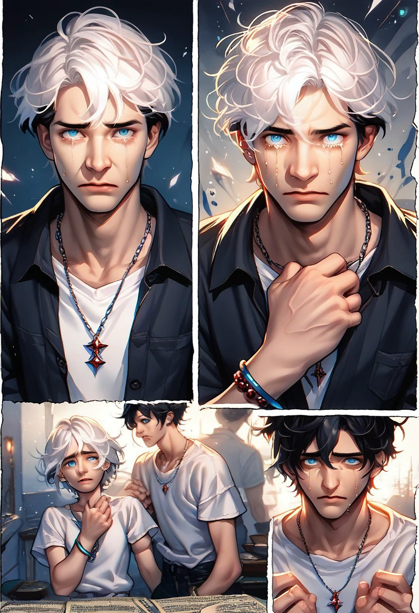 PonyXLV6_Scores BREAK Osenayan Illustration Style, looking at viewer, short hair, blue eyes, shirt, black hair, 1boy, jewelry, white shirt, white hair, tears, necklace, bracelet, crying, illustration, source_comic, source_cartoon, comic art style