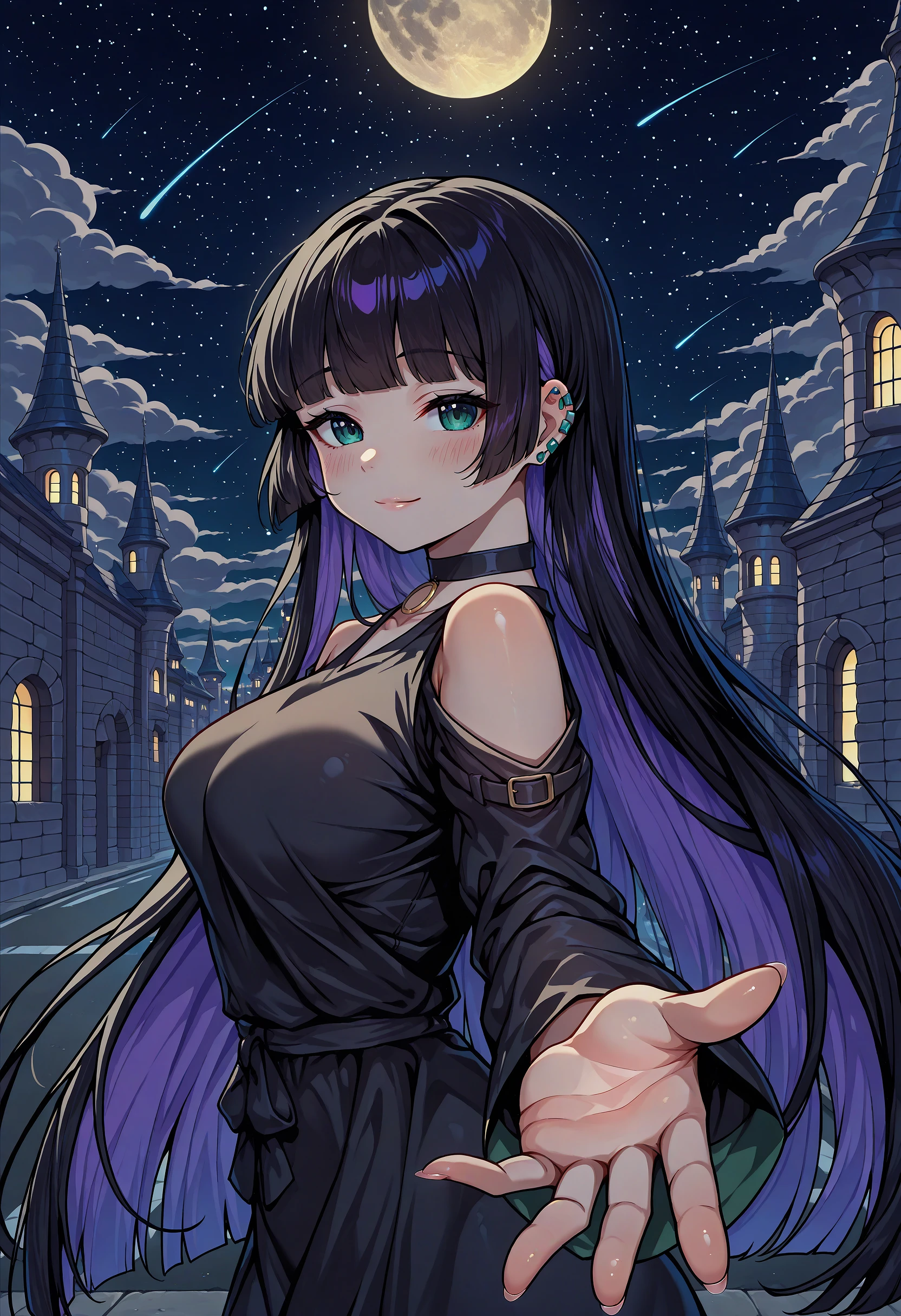 masterpiece, best quality, 1girl, pa-san, green eyes, purple colored inner hair, medium breasts, ear piercing, hime cut, choker, black dress, long dress, shoulder cutout, sleeves, cloud, moon, full moon, Hogwarts, castle hill, night sky, street, shooting star, looking at viewer, blush, light smile, closed mouth, (mature female:0.65), foreshortening, dynamic pose, reaching towards viewer, upper body, from side,