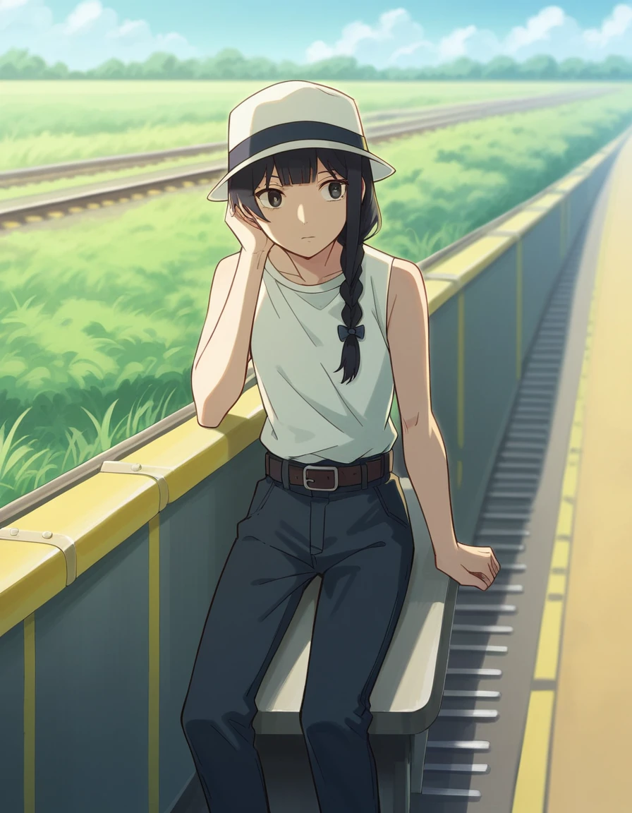 score_9, score_8_up, score_7_up, source_anime, <lora:anzu-hanashiro-movie-ponyxl-lora-nochekaiser:1>, anzu hanashiro, long hair, bangs, black hair, sidelocks, blunt bangs,, shirt, hat, white shirt, sleeveless, belt, pants, sleeveless shirt, white headwear, braid, single braid,, railroad tracks, rails, train, journey, long, , sitting, head rest, table,, looking at viewer, solo,, dutch angle, cowboy shot