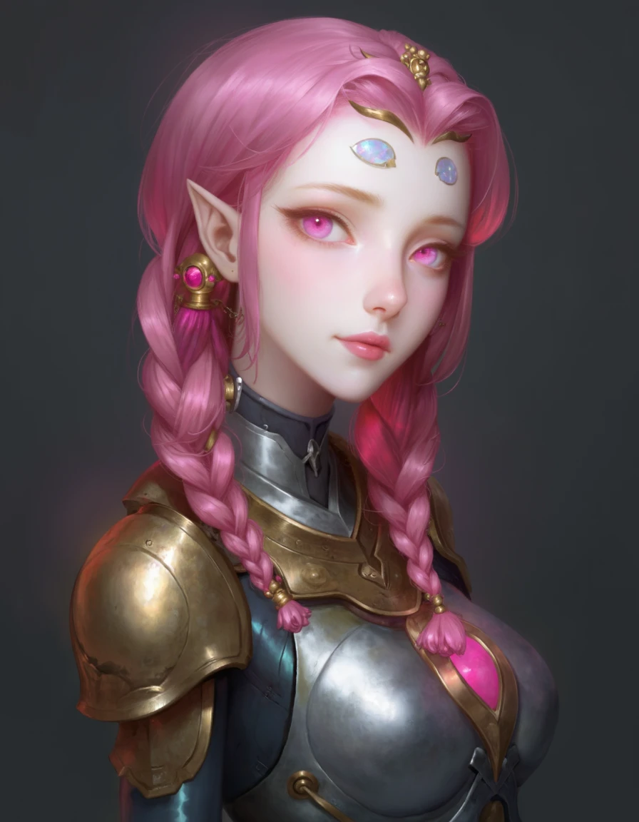 ruaj, woman, pink eyes, pink hair twisted, gold ornaments, iridescent circles on forehead, pink lips, wearing metal armor, gold metal circles on chest, glowing pink behind shoulder armor, dark grey background, looking to the side