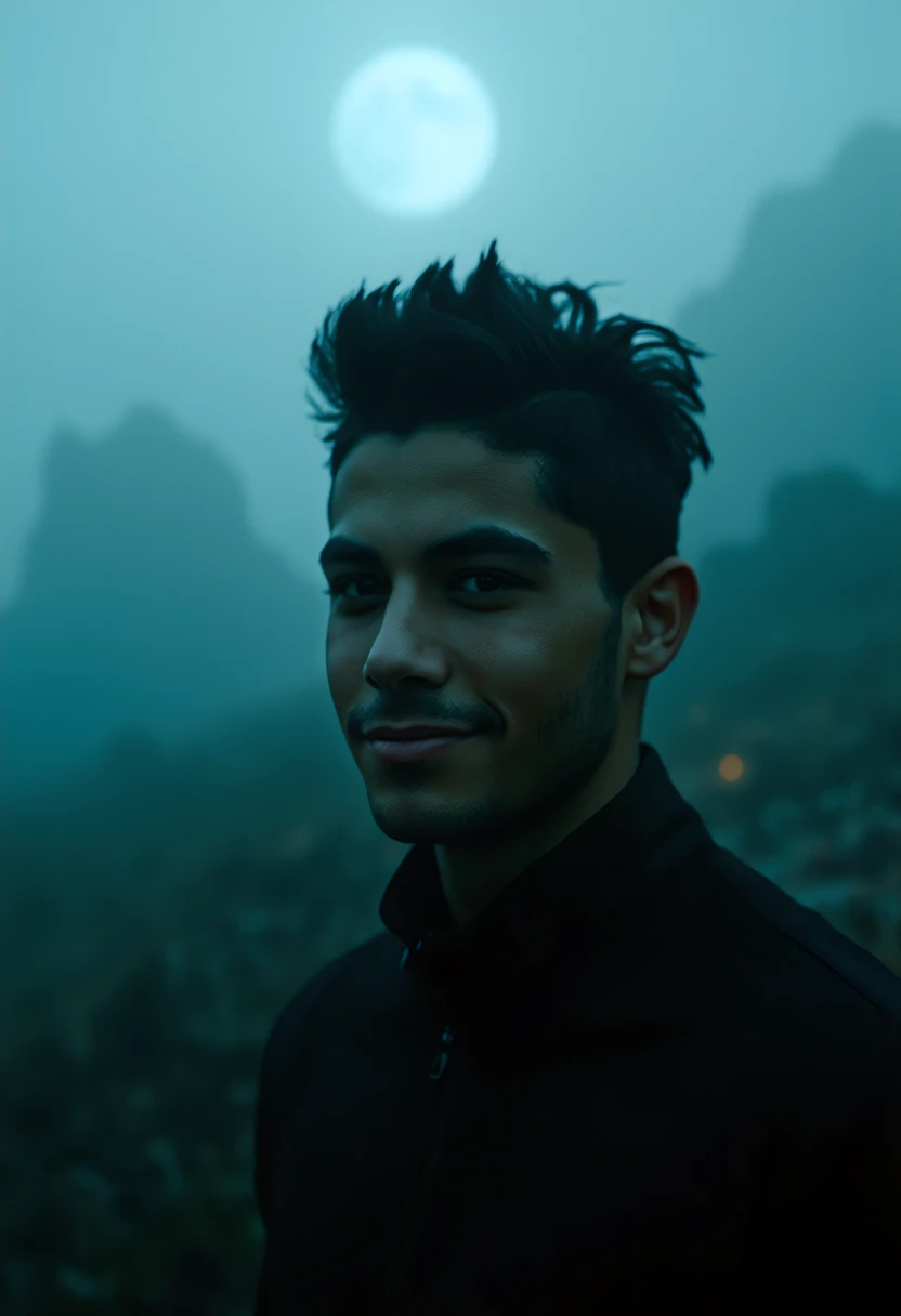 Photograph of  youngMoxie, young american caucasian man, olive skin, very short 'high and tight' black hair, no facial hair, happy and expression, closed mouth, solo, extreme close-up, looking at viewer, distant planet looming in the background, amidst misty fog that adds to their fearful plight. The scene captures both paradoxical beauty of this mystical nightmare through muted colors   <lora:flux_trainer/youngMoxie_v1_rank16_bf16:1.0>,