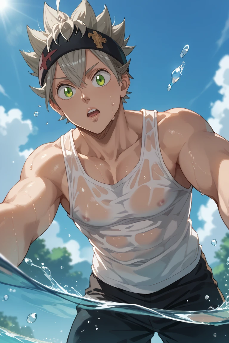 score_9, score_8_up, score_7_up, source_anime, rating_questionable, day, natural lighting, summer theme, water, water droplet, water splash, male focus, leaning forward, looking down at viewer, surprised, TSAstaBC, grey_TSAstaBC_spiked hair, green_TSAsta_eyes, parted lips, summer clothes, wet clothes, tank top, 1boy, blurry outdoors, from below, dutch angle, intricately detailed illustration, atmospheric perspective, depth of field