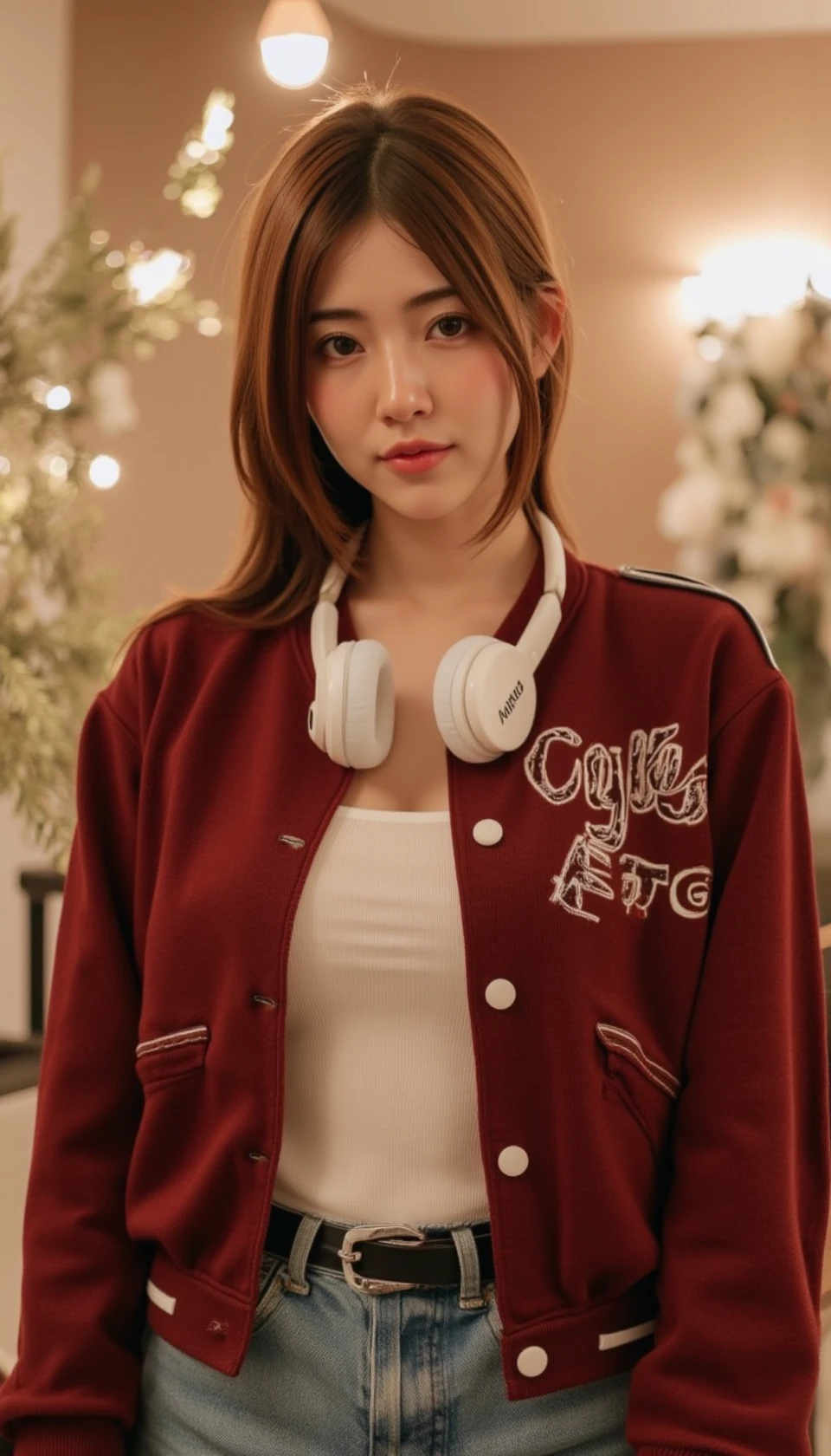 ((best quality)), ((masterpiece)), (detailed), perfect face, a girl sitting on a chair in a cafe drinking coffee, wearing pink hoodie and white jeans, perfect bg blur, cinematic lighting, 8k ultra resolution, hyper realistic quality, led glow blur in background
