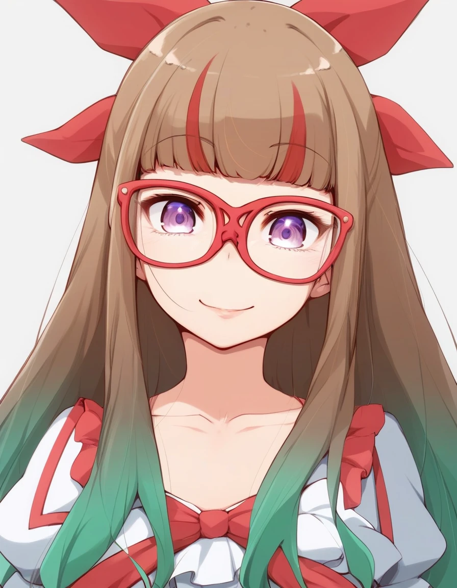 score_9, score_8_up, score_7_up,score_6_up,score_5_up, 1girl, solo, multicolored hair, brown hair, purple eyes, long hair, glasses, looking at viewer, green hair, bow, hair bow, upper body, red-framed eyewear, collarbone, bangs, two-tone hair, gradient hair, ribbon, hair ribbon, streaked hair, red bow, blunt bangs, red ribbon, sidelocks, puffy sleeves, smile, head tilt, 
 <lora:yonekura_hisaki_pony6_v1-000035:.9>