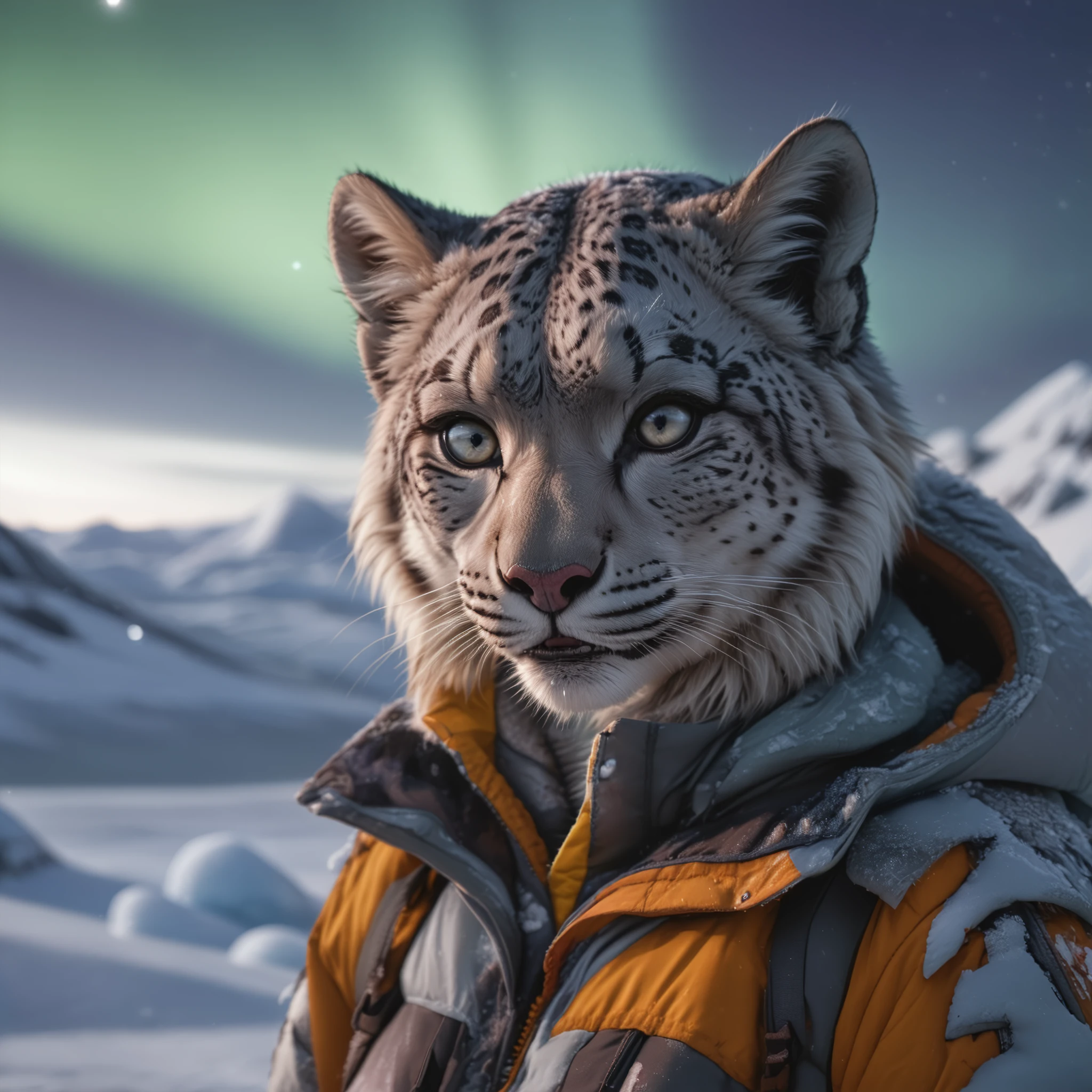 closeup photo  of an anthro snow leopard female adventurer in an arctic landscape wearing exploration gear, aurora borealis is visible at the epic night sky