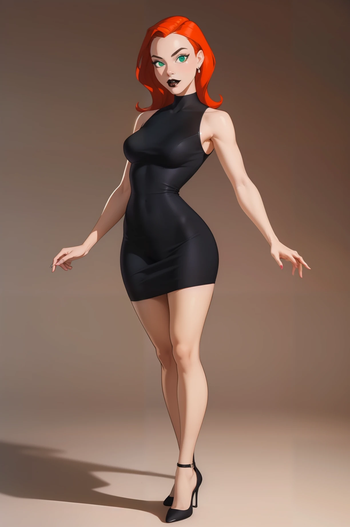 CynthiaBB, an attractive young woman with medium red hair and green eyes. She has a beautiful face with black eyeliners and black lips. She wear a black sleeveless dress and black pumps. looking at viewer, masterpiece, high quality, best quality, highly detailed, sharp focus, ray tracing, dynamic pose, full body,(simple background:1.2),