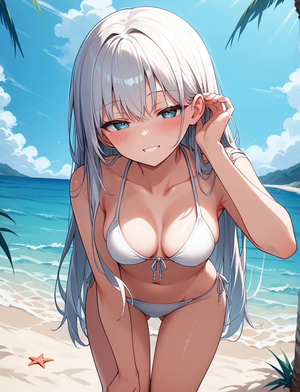 ((8K, Highest Quality, Best:1.3)), Ultra High Resolution, (1 Girl, 1 Person), (Color Changing Eyes, Super Detailed, Expressive Sparkle, Sparkling, Glowing Eyes), Highly Detailed Eyes, Highly Detailed Face, Random Hair, (Silver Gray Color)) ,(Sitting with Knees Up on rugs, spread legs),A seductive woman in a swimsuit. The background is a luxury tent on a tropical beach, with cushions and rugs in the interior that exude a resort feel. A beautiful sunset can be seen in the distance on the beach, creating a contrasting landscape with the orange sky and the deep blue sea. The woman has long silvery hair swept back and is wearing a light pink bikini. The top of the bikini is decorated with ruffles and ribbons, while the bottom is a simple design. The angle is from inside the tent, looking up from a little below, capturing her lying in the tent and relaxing on a beach cushion. She is blushing and smiling modestly, and the interior of the tent and the light of the sunset in the background give the whole thing a fantastical glow.