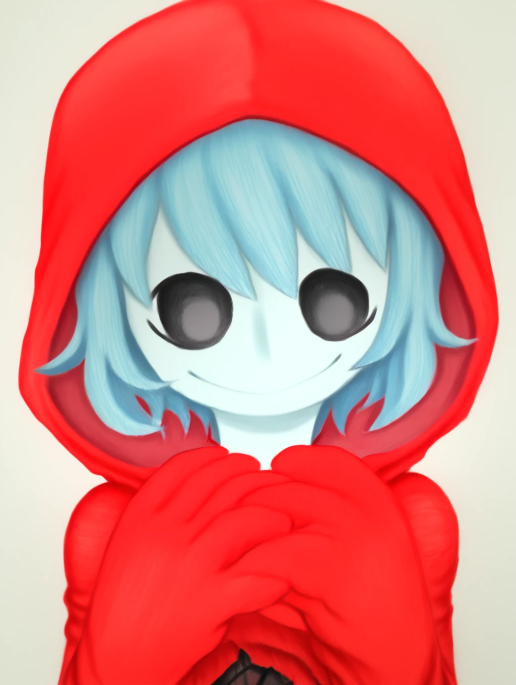 score_9, score_8_up,  <lora:Chronozbergh:1.2> traditional media
 <lora:Spooky_v2:1> sp00kjsm, 1girl, solo, aqua skin, colored skin, blue hair, short hair, solid oval eyes, black eyes, redeathcostume, red hood, Relaxed and carefree smile,  Resting head on hands