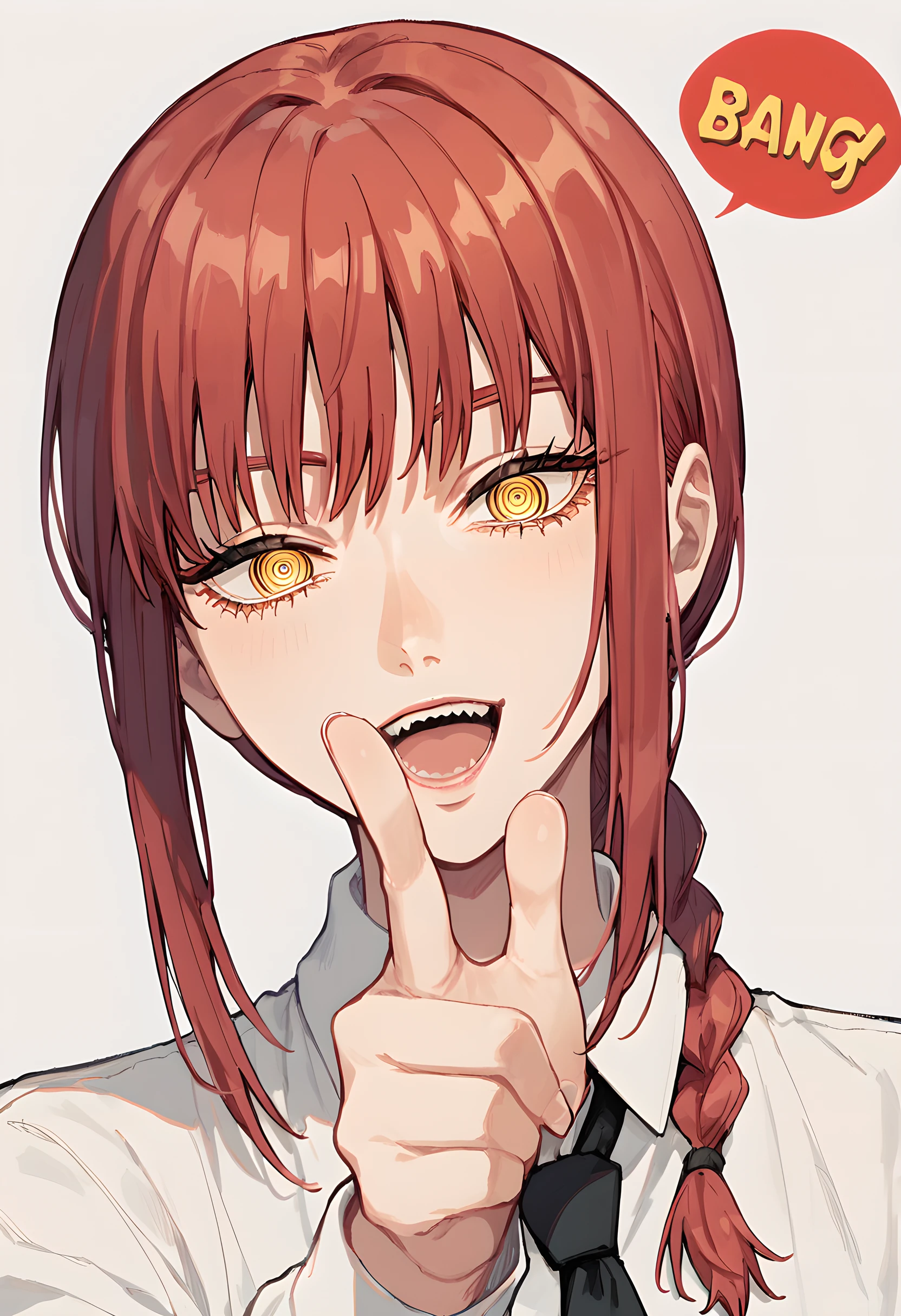 score_9, score_8_up, score_7_up, 1girls, solo, anime source, makima \(chainsaw man\), red hair, yellow eyes, finger gun, bang (gesture), bubble speech "BANG", dynamic angle, <lora:makima_offset:1> <lora:Finger_gun_Shooting_Bang_Pose_for_Pony:1>