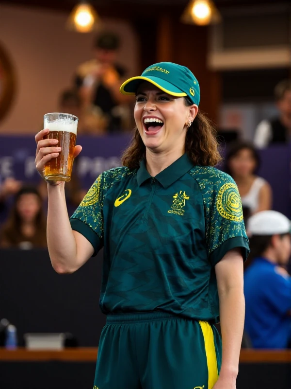 A woman wearing green baseball cap and a gree tracksuit is holding a beer in an australian pub <lora:Raygun:0.9>