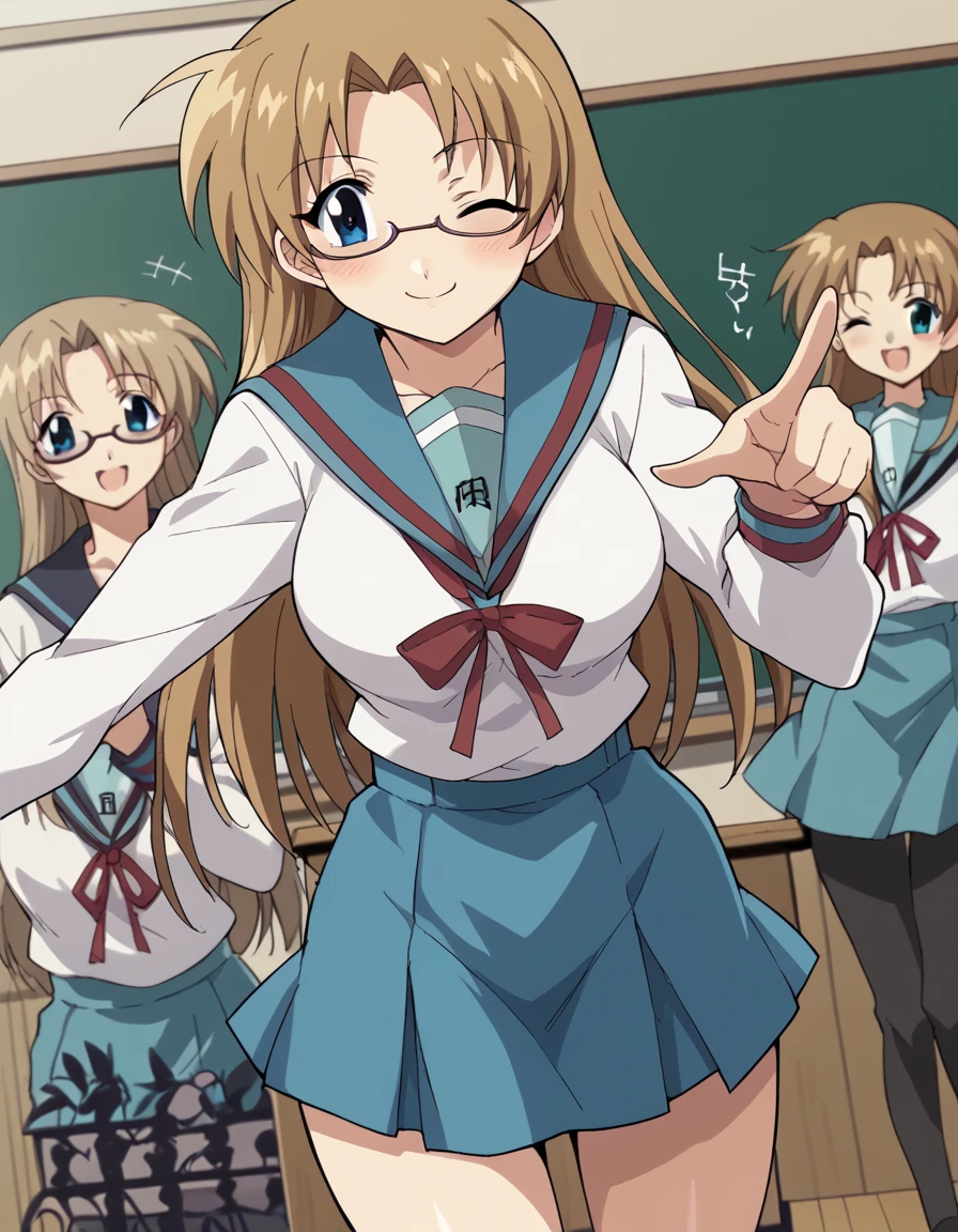 score_9, score_8_up, score_7_up, source_anime, <lora:ai-mai-momoi-s1-ponyxl-lora-nochekaiser:1>, ai mai momoi, long hair, blue eyes, brown hair, glasses, parted bangs, large breasts,, <lora:haruhi-suzumiya-cosplay-ponyxl-lora-nochekaiser:1>, haruhisuzumiyacosplay, suzumiya haruhi (cosplay), skirt, long sleeves, school uniform, serafuku, sailor collar, blue skirt, blue sailor collar, winter uniform, kita high school uniform,, classroom, one eye closed, pointing at viewer, smile, blush, , dutch angle, cowboy shot