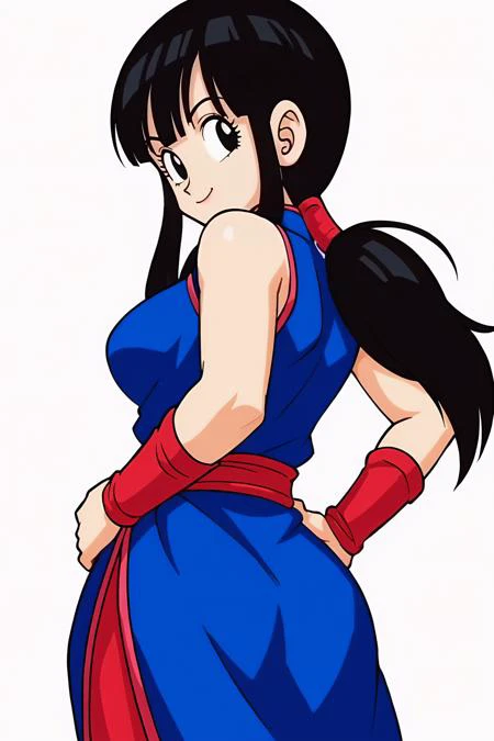 Chichi, very white skin with black eyes and hair, Has a Hime Hairstyle (Bangs and two long strands in front), wears a blue cheongsam with red pants, bracelet and shoes, In addition to having white tabi socks and a red sash. In this appearance she also wore the hime hairstyle, only part of her hair is tied up in a ponytail., hourglass body shape, big legs, small waist, big ass