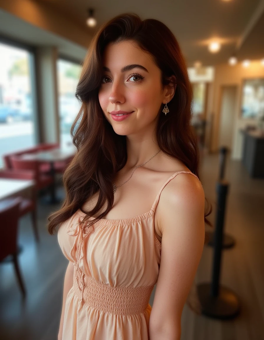 <lora:Breebunn_Flux:1> beautiful detailed photograph, brown  hair cascading over her shoulders, wearing a n elegant dress, standing in cafe looking at the viewer, smile