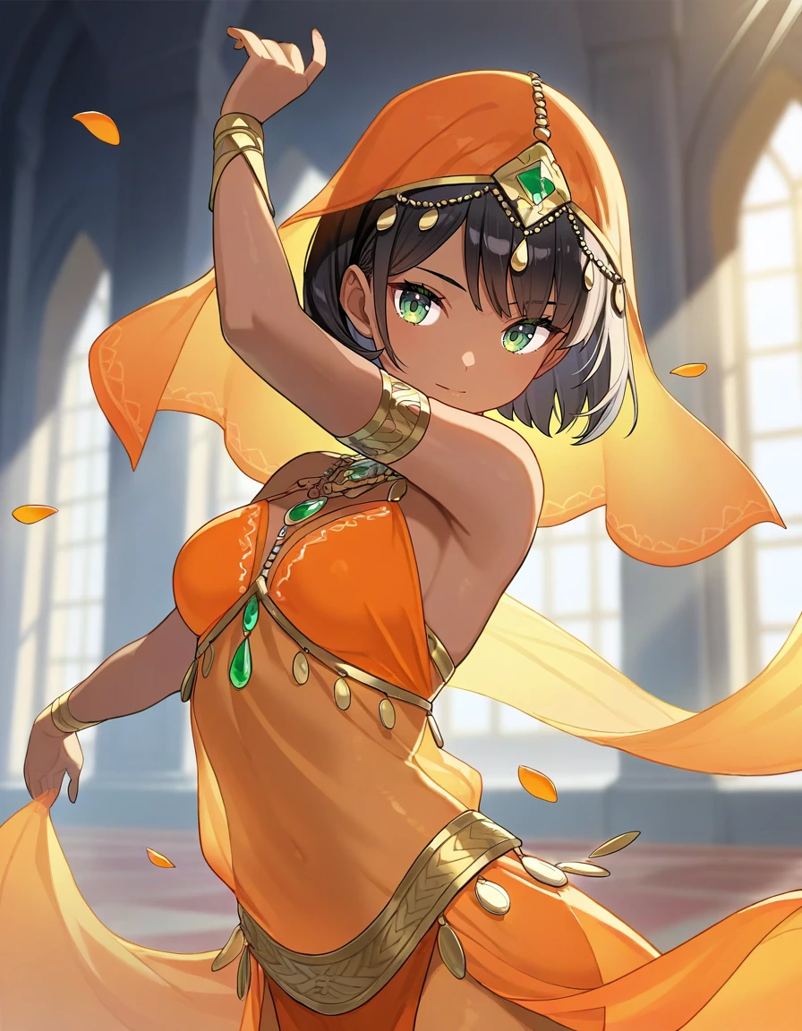 masterpiece, best quality,
1girl, orange clothing, orange head veil, (see-through:1.2), short hair, jewelry, black hair, green eyes, dark skin, palace, indoors, wind, below wind, flying orange petals, dynamic light, light ray, blurry background, dancing, dancer, dance, upper body,