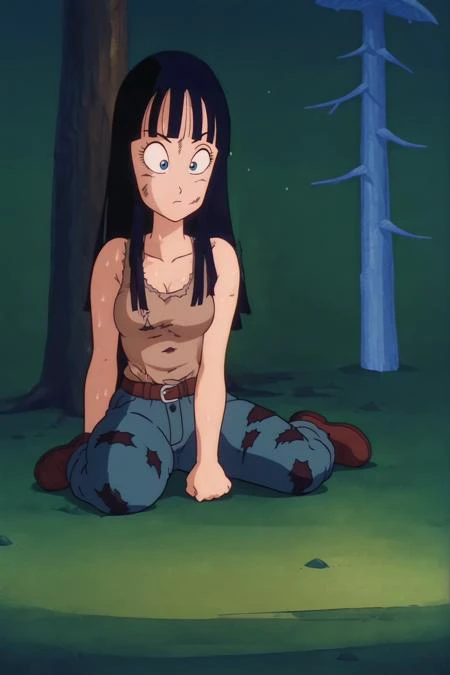 lum, 1girl, solo, torn clothes, torn legwear, 1980s \(style\), full body, sitting <lora:90sv3.0R:0.6>