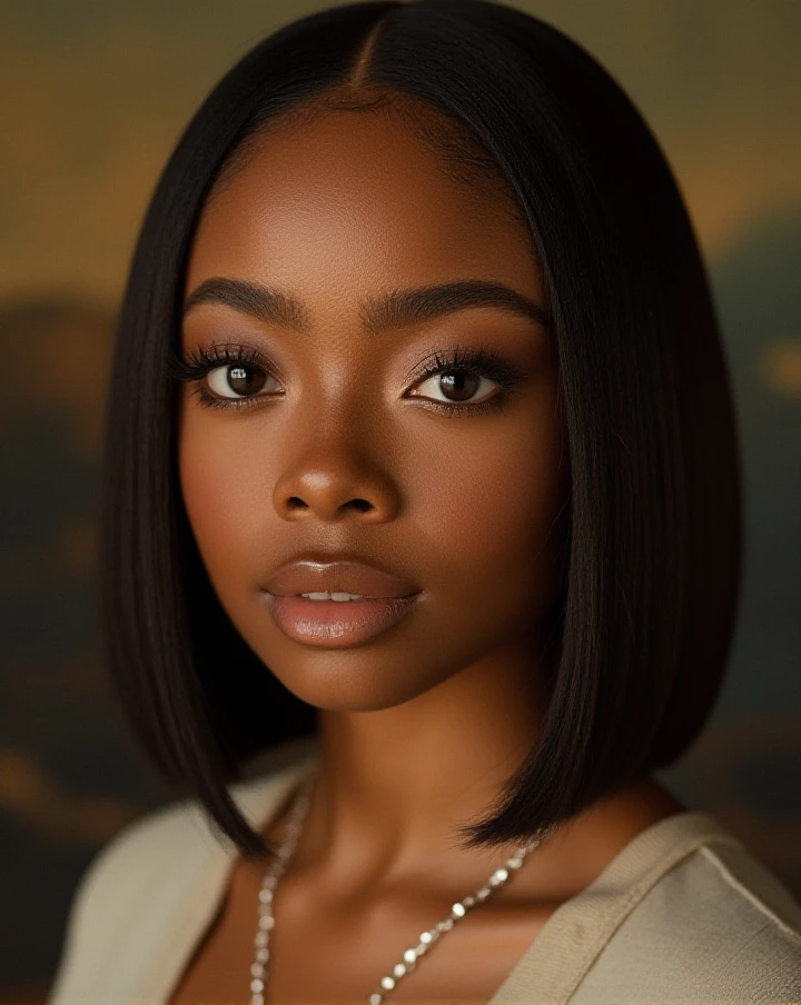 closeup headshot , A luxury black women with a straight 
short chestnut blond   hair, starring in a mona lisa like portrait painted by divinchi, dark  offwhite crewneck shirt  <lora:Skai_Jackson_Flux:1.0>