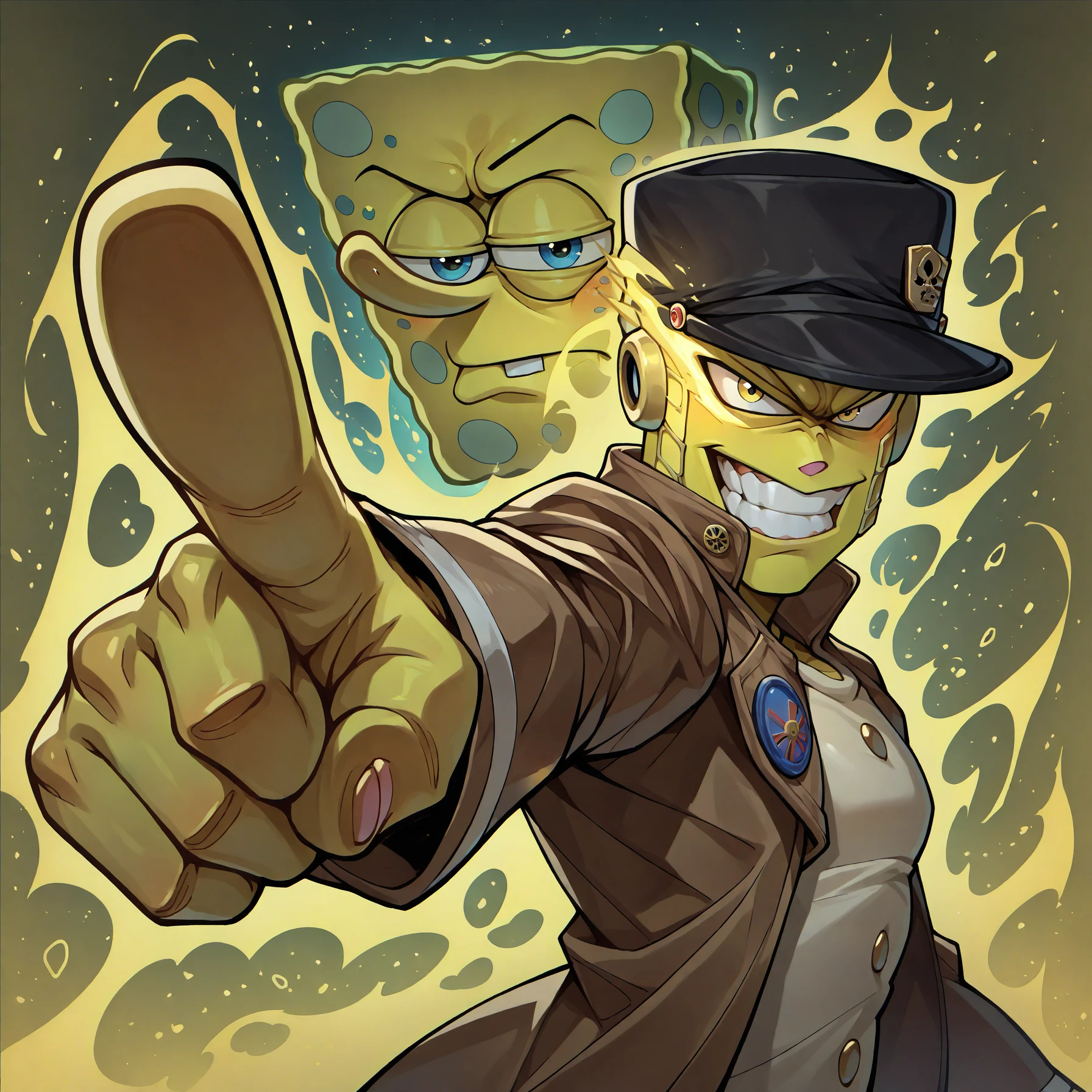 masterpiece, best quality, spongebob squarepants, stand \(jojo\), jojo pose, hat, aura, glowing, power-up, angry, foreshortening, zoom layer, jacket, pointing at viewer, from side, yellow aura