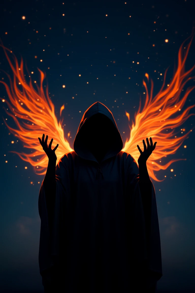 a dark silhouette of a person in a hooded cloak,adorned with a hood,stands in front of a backdrop of orange flames. The person's face is obscured by the flames,and their hands are raised in the air. The wings of the fire are spread out,adding a touch of warmth to the scene. The background is a deep blue,with white stars dotting the sky.,