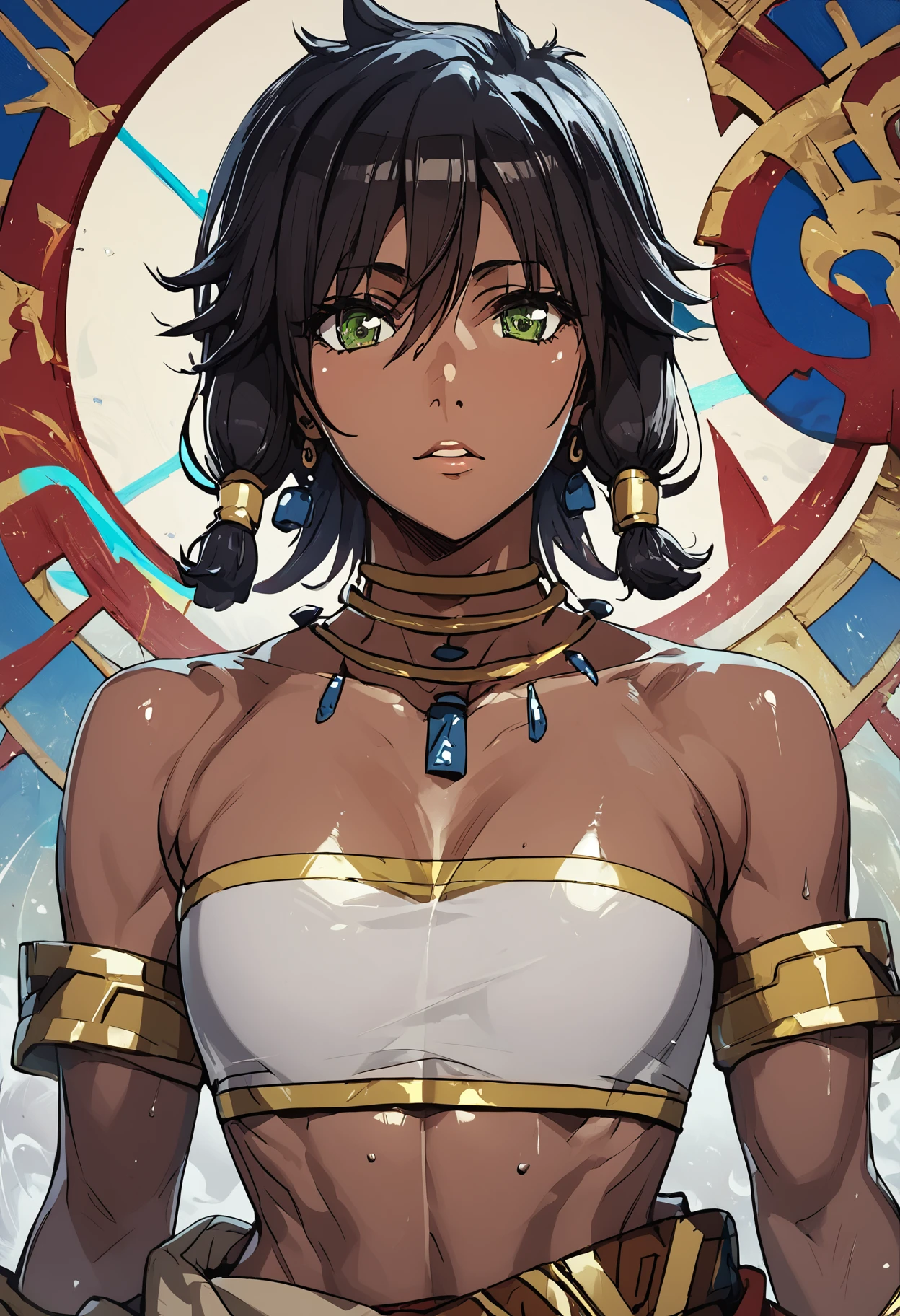 ((Highest quality)), ((masterpiece)), (detailed), (Perfect Face)、The woman is Yuuki Asuna, a black woman with pitch black skin and naturally curly hair. She has light brown, very short afro hair that is naturally curly and finely braided into dreadlocks that are swept back in a tribal hairstyle, with little hair volume, she is an African black woman with tribal make-up, black nipples with nipple piercings, tattoos all over her body, and a beautifully decorated tribal outfit that does not cover her breasts.、The woman was a complete African native nude tribeswoman, and had become a nude tribeswoman in both body and mind.、The woman is a native African woman and a member of the tribe's nude tribe, living happily with her friends.、The woman is a beautiful native African tribal woman, beautifully adorned with gorgeous jewelry, and is getting married to a strong tribal man.