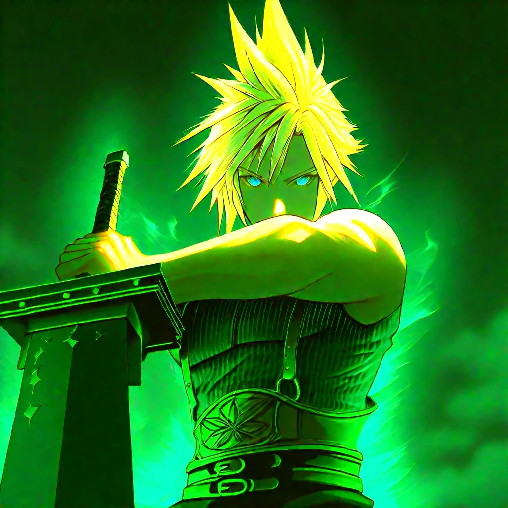 pearlescent, (Cloud Strife:1.3) from Final Fantasy, (1 boy:1.2) with (blonde hair:1.3) and (blue eyes:1.3), in a dynamic fighting stance, holding the iconic (Buster Sword:1.5). He stands solo outdoors, aiming directly at the viewer, showcasing dramatic foreshortening. The scene is infused with an (epic aura:1.4), emphasizing his determination and strength., cinematic angle, cinematic lighting, dynamic pose, masterpiece