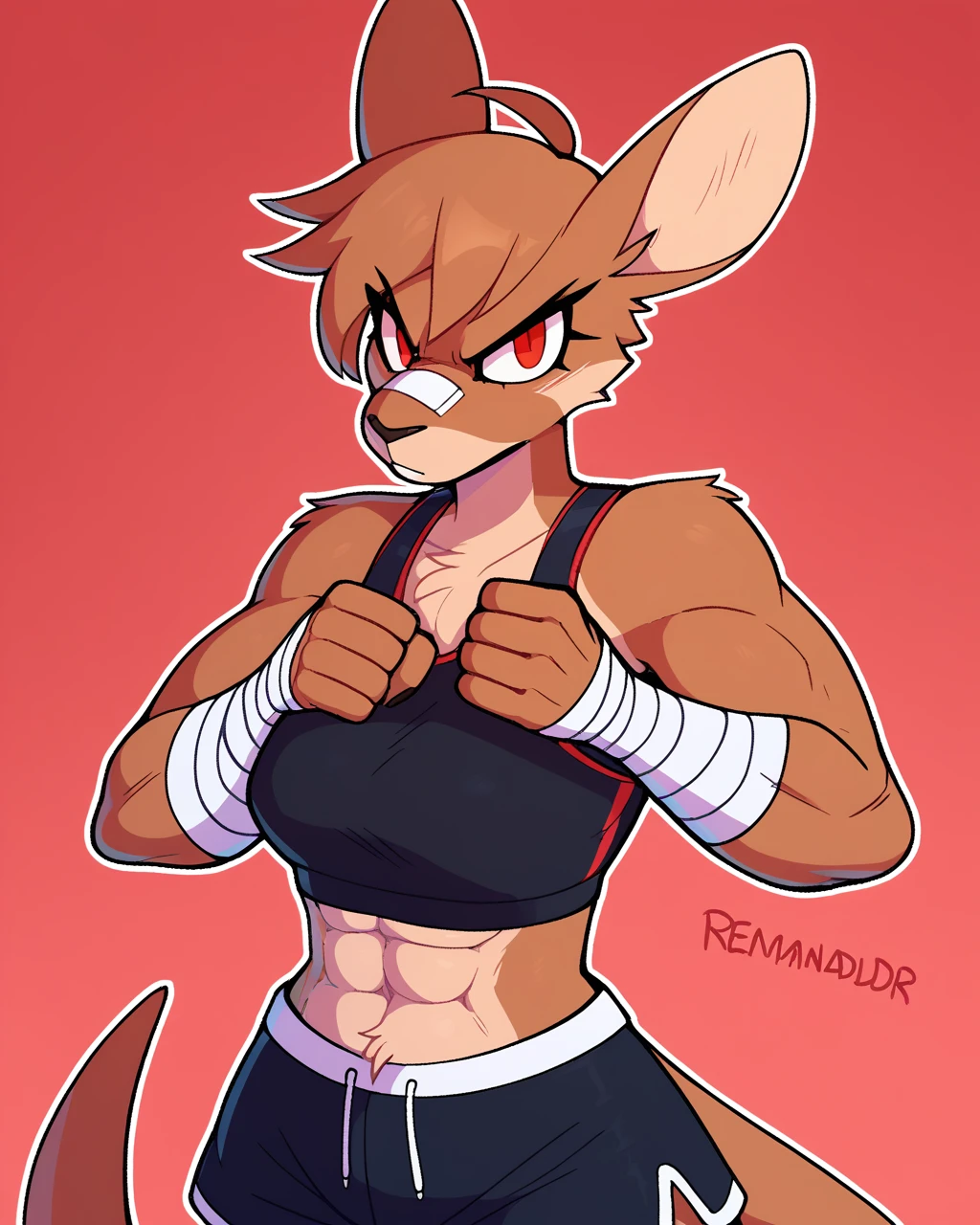 score_9_up, score_8_up, score_7_up, score_6_up, by remanedur, half-length portrait, kangaroo, brown hair, red eyes, furry female, female, furry, bandage, bandage on face, abs, looking at viewer, solo, fighting pose, three-quarter view, head tilt, tail, sports bra, dolphin shorts, midriff, wrist wraps, wraps, fist, simple background, white outline,<lora:Leah_Pines(AIM)_XL_v1:0.25> <lora:PDXL_artist_tags_v2_big:0.5> <lora:The-Minuscule-Task_PDXL_v1.0:0.6>  <lora:Franziska_Drawligator:0.5>