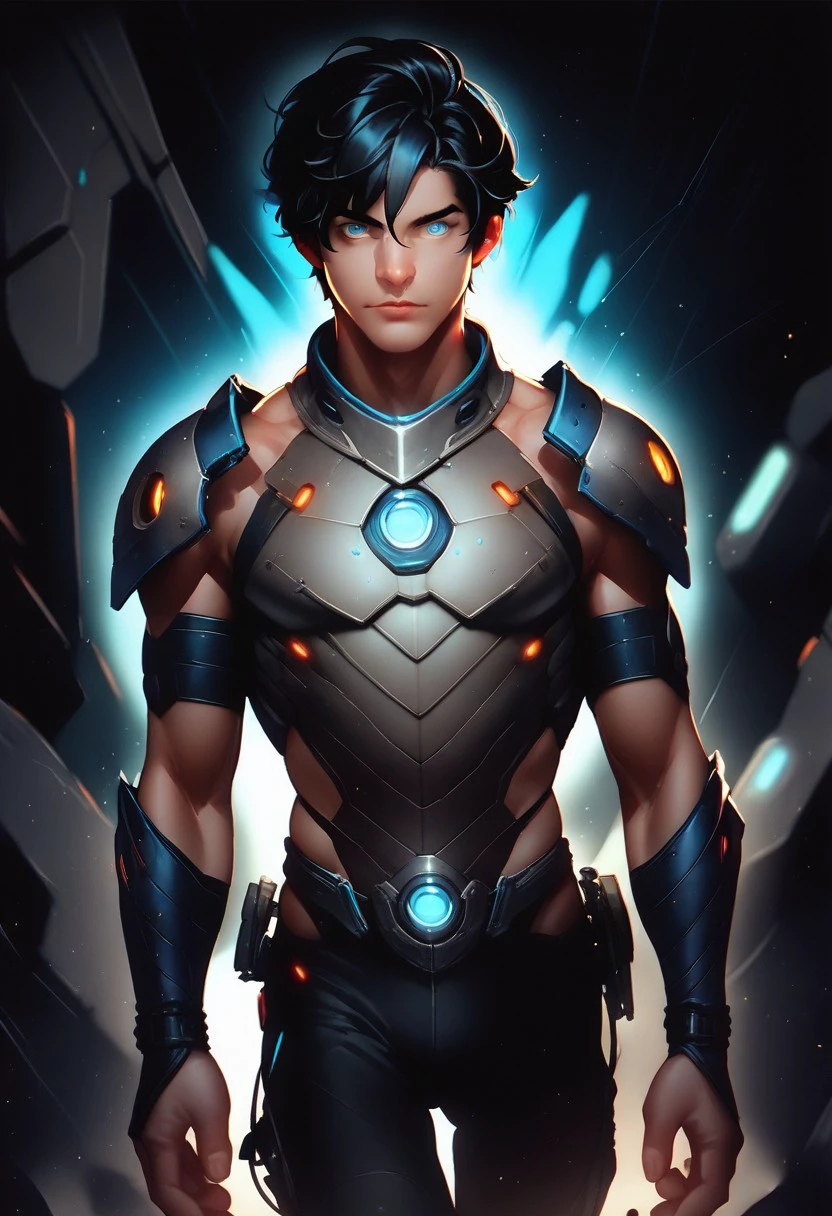 PonyXLV6_Scores BREAK Osenayan Illustration Style, solo, looking at viewer, short hair, blue eyes, black hair, 1boy, male focus, armor, muscular, glowing, science fiction, source_comic, source_cartoon, comic art style