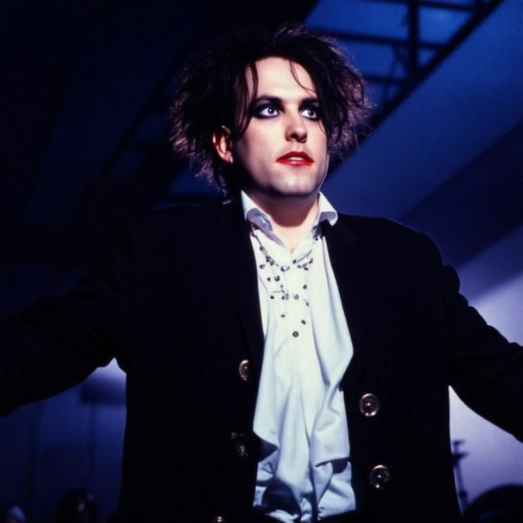 cinematic, dramatic lighting, full body shot, young Robert Smith in a concert, he is wearing a fancy black rocker outfit and a long untucked elegant white shirt with high neck and adornments, he has his classic long messy hair, and extreme facemakeup, in a photoshoot, rsmith,roberts,curesm