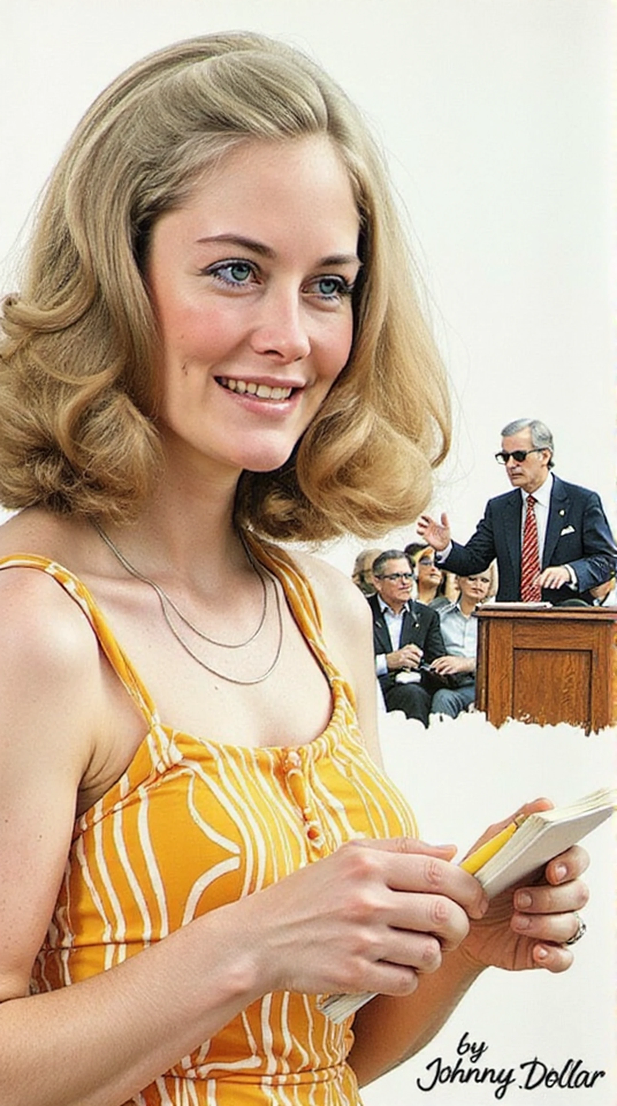 close-up photo of woman, upper body, wearing a yellow sundress, she's taking notes on a small notepad, a man in front of her is speaking to a crowd, it is about 1976 in NYC and the man is running for congress, exaggerated, comical, caricature, hand drawn, ink on paper, at the bottom add the text "by Johnny Dollar" in script font. Detailed, intimate, clear, personal