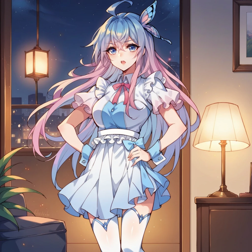 score_9_up, score_8_up, score_7_up, source_anime, 1girl, solo, living room, dimmed light, night, lamp, standing, leaning forward, hands on hips, pouting, open mouth, face focus, looking at you, WangQiu, Er_3rd, gradient hair, blue hair, pink hair, blue eyes, long hair, ahoge, alt frilled skirt, alt pleated skirt, alt white skirt, high-waist skirt, blue bow, blue ribbon, alt butterfly hair ornament, short sleeves, frilled sleeves, puffy sleeves, blue footwear, high heels, white sleeves, frilled shirt, alt white shirt, pink ribbon, neck ribbon, white thighhighs, white belt, jewelry, wrist cuffs, multicolored shirt, blue shirt, mature body, dynamic cowboy shot, 