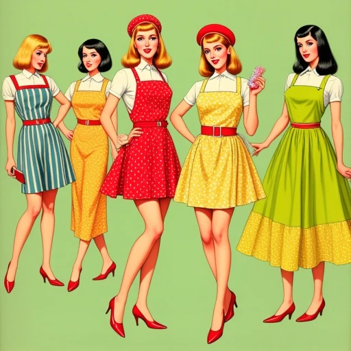 and is dressed in a knee-length, likely from the 1950s, suggesting she might be slightly younger or more casual., The image is a digitally rendered illustration depicting four women in a mid-century modern aesthetic, digitally created artwork in a vintage-style comic book illustration aesthetic. It showcases seven women from different cultural backgrounds, retro-style kitchen setting. She is a slender woman with a fair complexion and a strikingly bold look. She has a striking, and she sports red lipstick to match her dress. She wears a form-fitting, The image is a digitally colored illustration with a vintage, cinched at the waist with a red belt. She also wears a matching red cap and red shoes.   The third woman's dress combines a green top and a yellow skirt with a similar floral pattern as the second dress., 1950s aesthetic. They are positioned in the foreground against a pale green background.  From left to right: 1. A blonde woman with a light complexion and bright pink lips, she holds a small