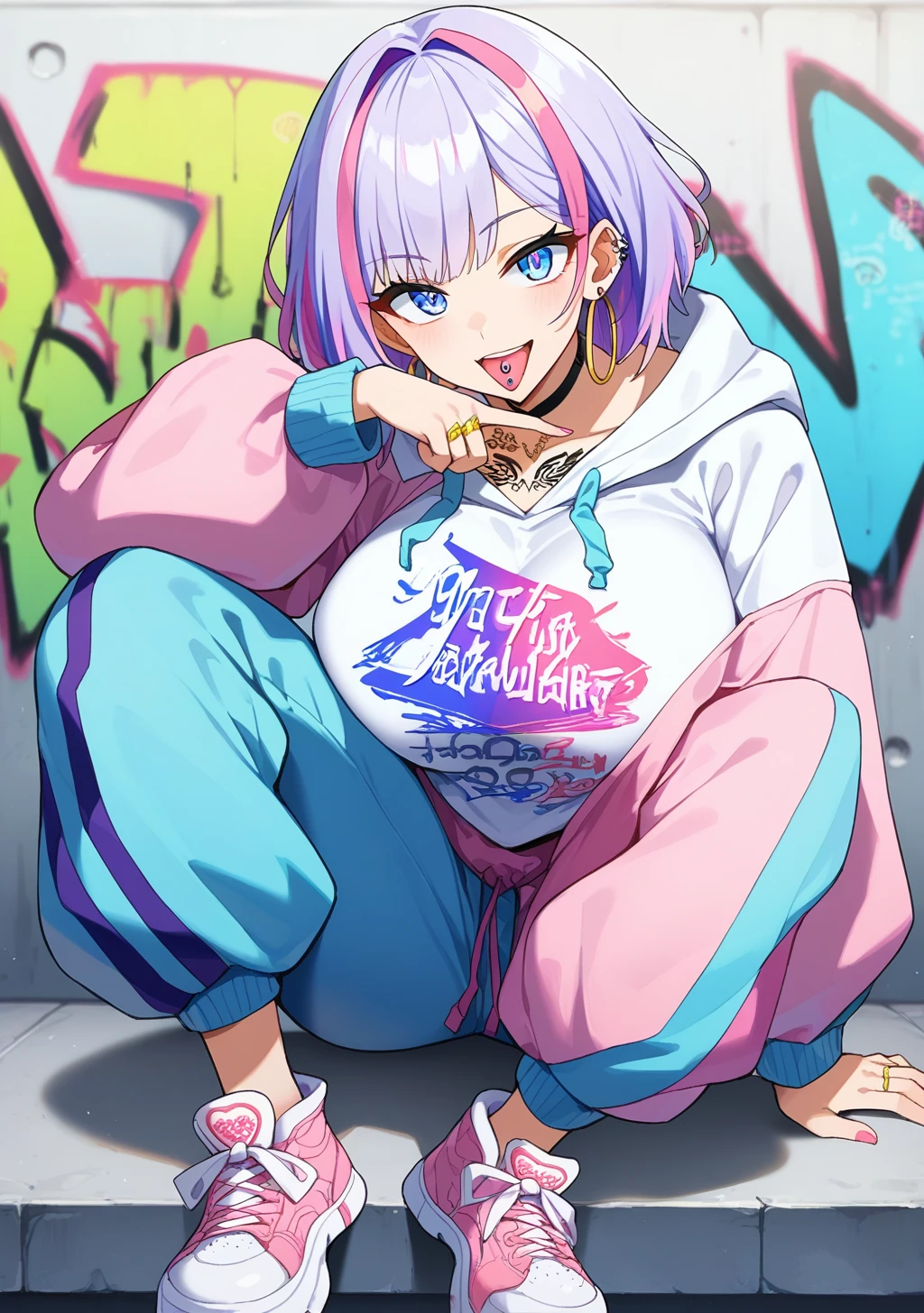 score_9, score_8_up, score_7_up, source_anime,high detail, detailed face,volumetric lighting,1girl,huge breasts,tomo,blue eyes,short hair, multicolored hair,streaked hair,purple hair,pink hair,<lora:tomochin:1>,hoop earrings,rapper,baggy clothes,hoodie,baggy pants,sneakers,gold ring,accessories,depth of field,PONYXL_GraffitiWall_ownwaifu,graffiti, against wall,sitting,proud,Naughty,tongue piercing,tongue out,<lora:PONYXL_GraffitiWall_ownwaifu:0.8>,(tattoo:1.3)