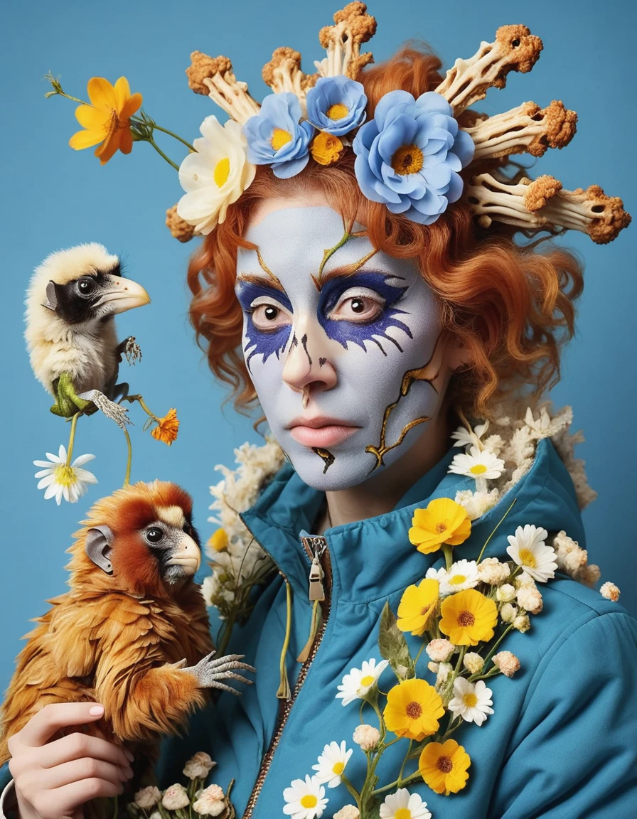 a professional face-focused absurdres intricately detailed photograph of the beautiful (solo:1.1) Leah_Voysey with a majestic jacket made of flowers and fried chicken and finger bones,
playing with several sugared-up delinquent marmosets,
 <lora:Leah_Voysey-SDXL:1>
 <lora:DonMW15pXL:1> DonMW15pXL, the head of a praying mantid