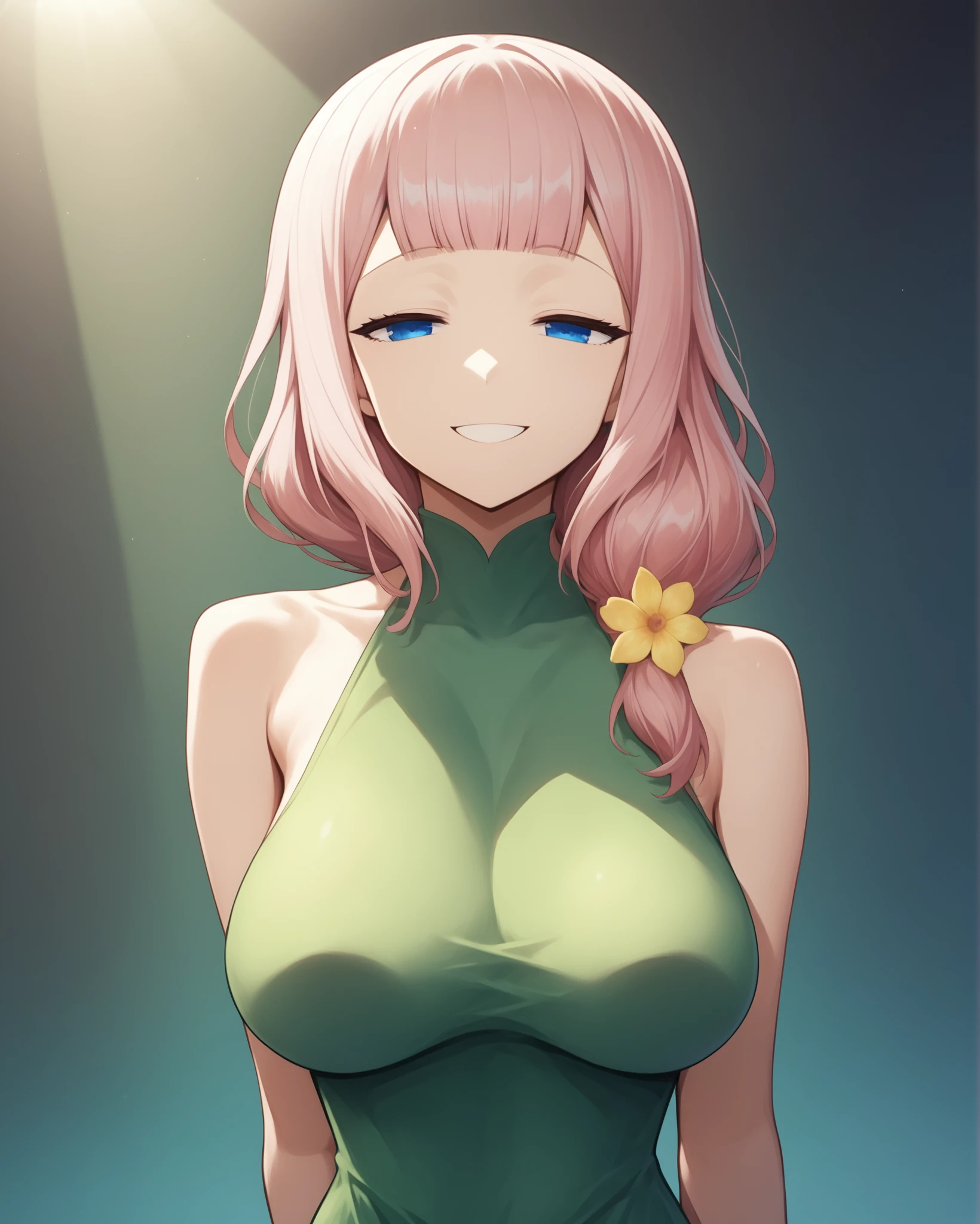 score_9, score_8_up, score_7_up, source_anime BREAK 1girl, fujiwara_toyomi, pink hair, blue eyes, half-closed eyes, looking at viewer, blunt bangs, hair over one shoulder, large breasts, perky breasts, stage spotlight, green dress, frills, simple background, yellow flower, motherly side plait, hand behind back, upper body, smile, <lora:Fujiwara_Toyomi:1>, rating_questionable