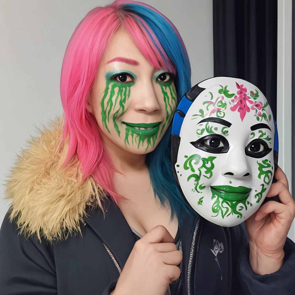 masterpiece, best quality,  <lora:Pony_Asuka_-_WWE_Superstar:1>, @suk@, 1girl, mask, solo, breasts, multicolored hair, eyeshadow, holding, pink hair, smile, facepaint, looking at viewer, mask removed, holding mask, blue hair, fur trim, medium breasts, realistic, upper body, two-tone hair, black eyes, wrestling jacket, green lips,