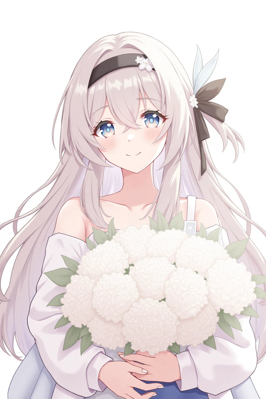 1girl, solo, long hair, looking at viewer, smile, bangs, blue eyes, hair ornament, holding, hair between eyes, closed mouth, upper body, flower, grey hair, hairband, headband, bouquet, holding bouquet